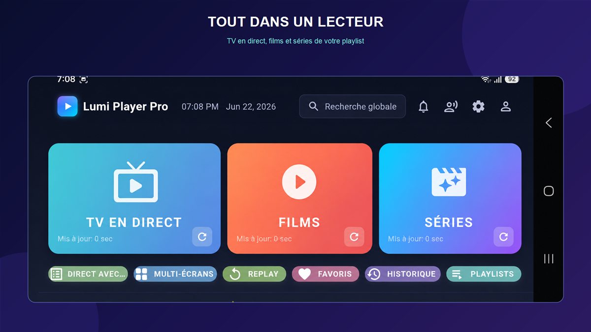 Lumi Player Pro home screen — live TV, movies and series
