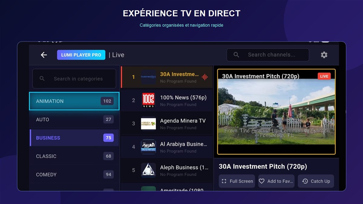 Lumi Player Pro live TV interface with organized categories