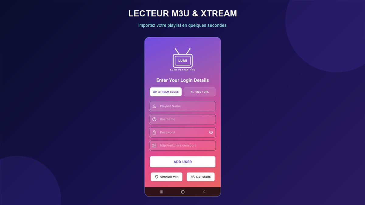 Lumi Player Pro Xtream Codes login screen